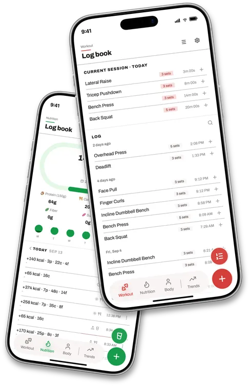 Progressiv workout log and nutrition log screens shown on two phones