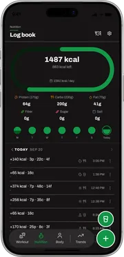 Progressiv Nutrition Log screen in Dark Mode