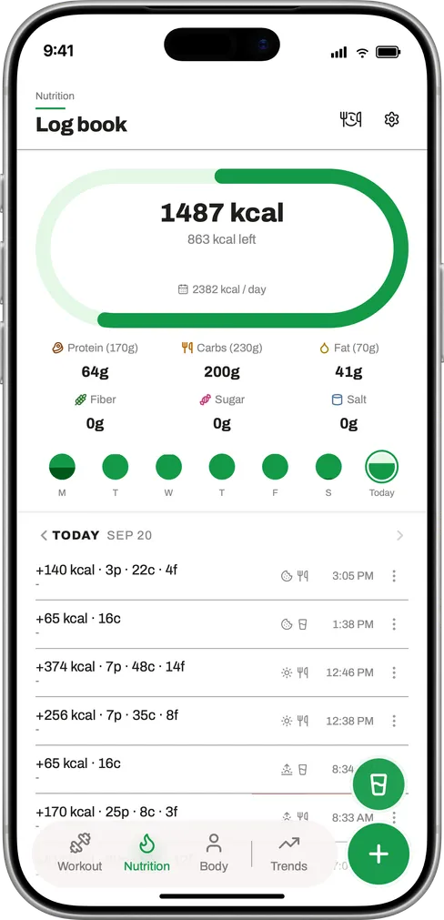 Progressiv calorie tracker and nutrition log screens shown on iPhone