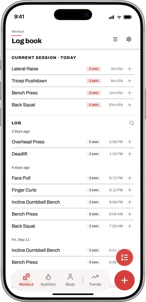 Progressiv workout log screens shown on iPhone